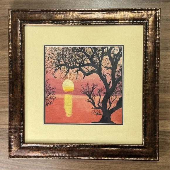 Chinese Suzhou Embroidery King Silk Art Tree Near Water Under Pink Sunset Framed - Picture 2 of 6